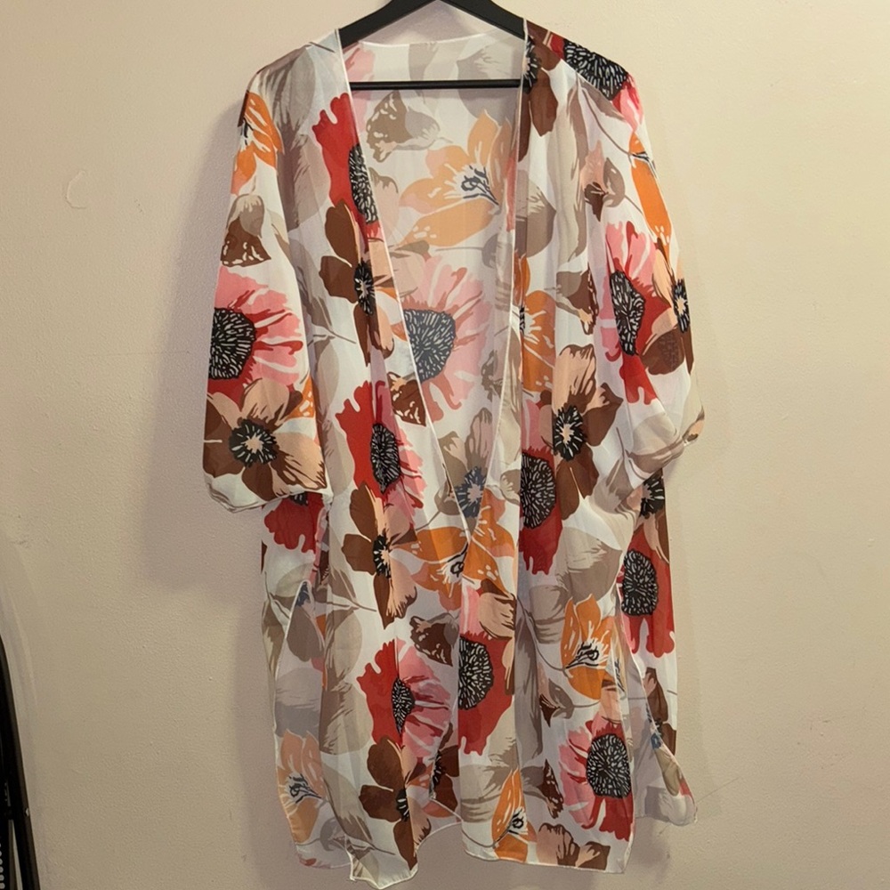 Floral Kimono with Red and Brown Accents